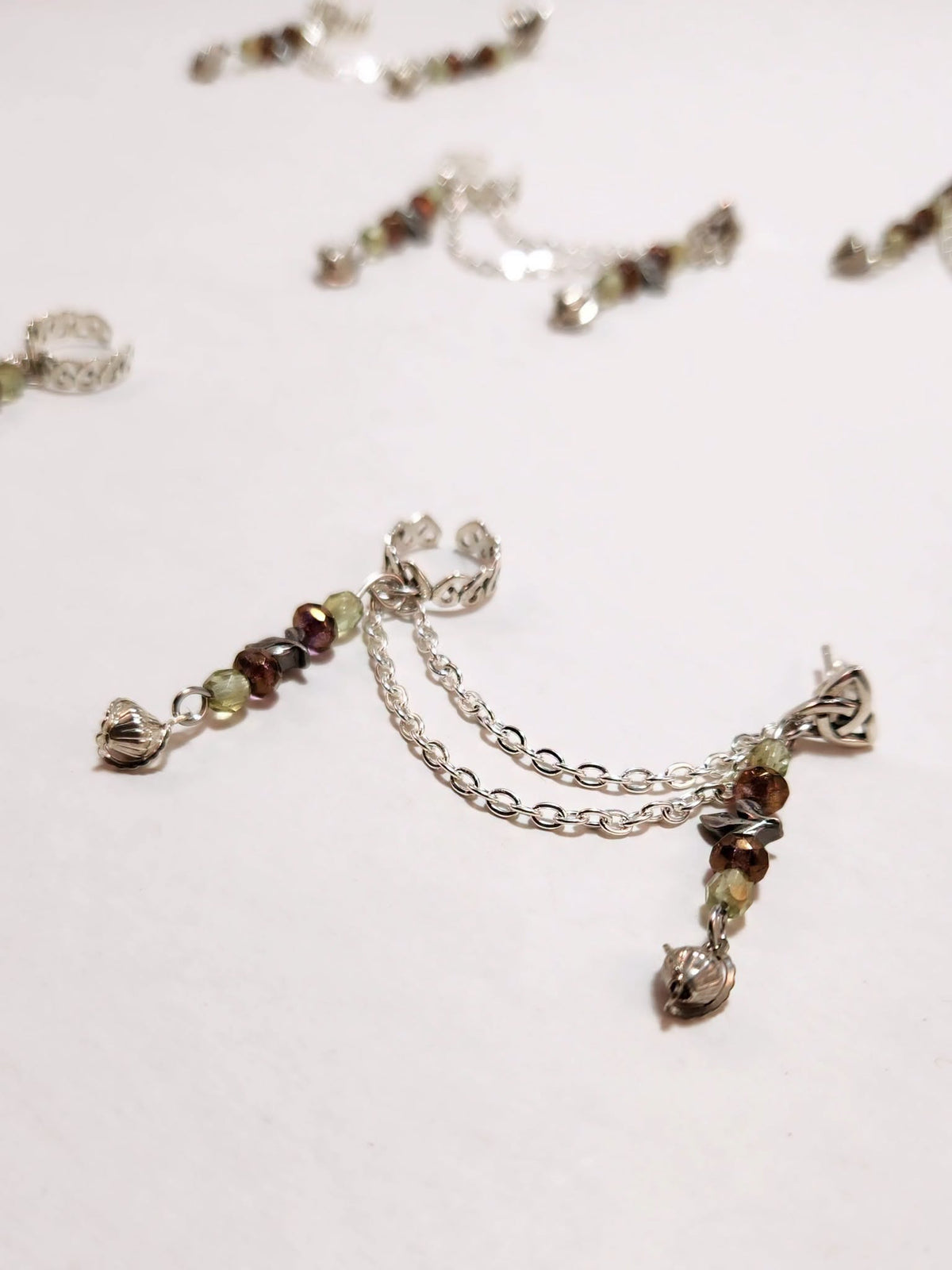 Green and Copper Garden Leaf Chain Ear Cuff