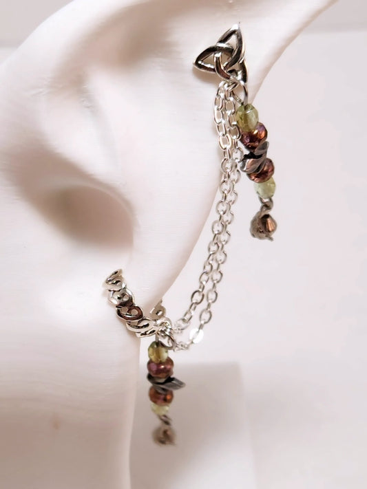 Green and Copper Garden Leaf Chain Ear Cuff