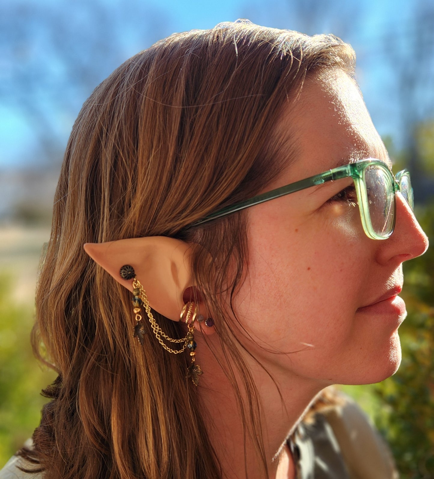 Blue and Gold Leaf Chain Ear Cuff