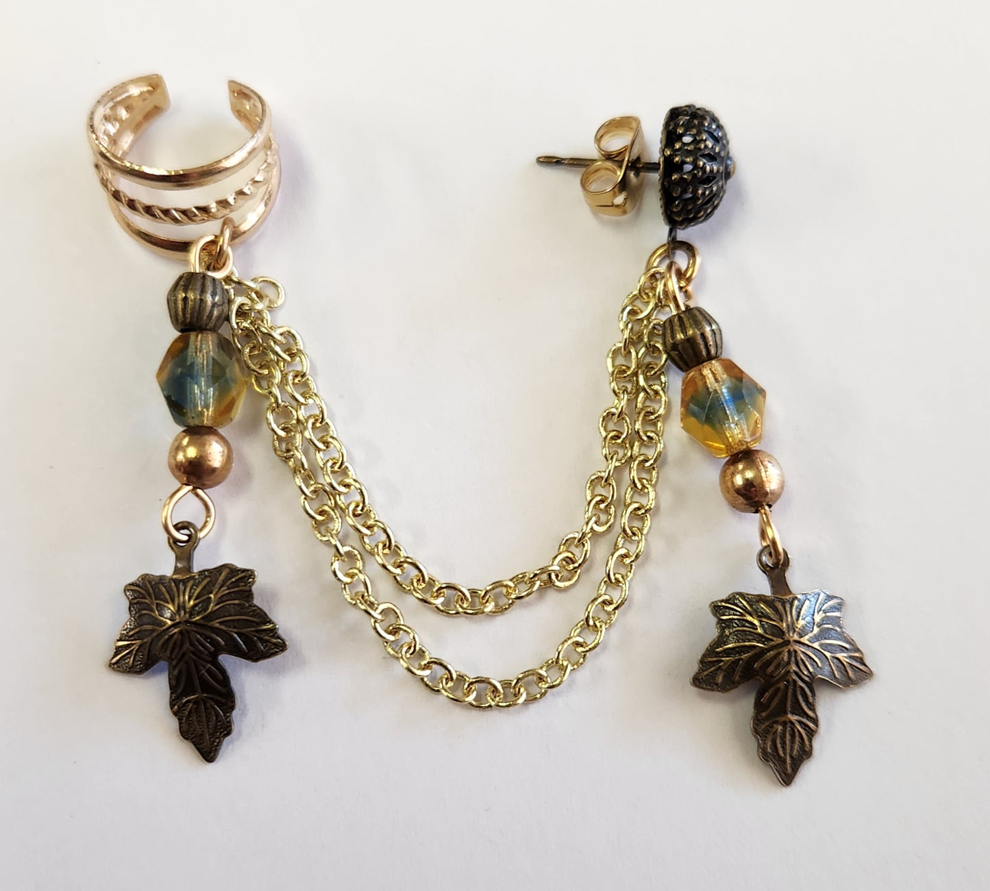 Blue and Gold Leaf Chain Ear Cuff
