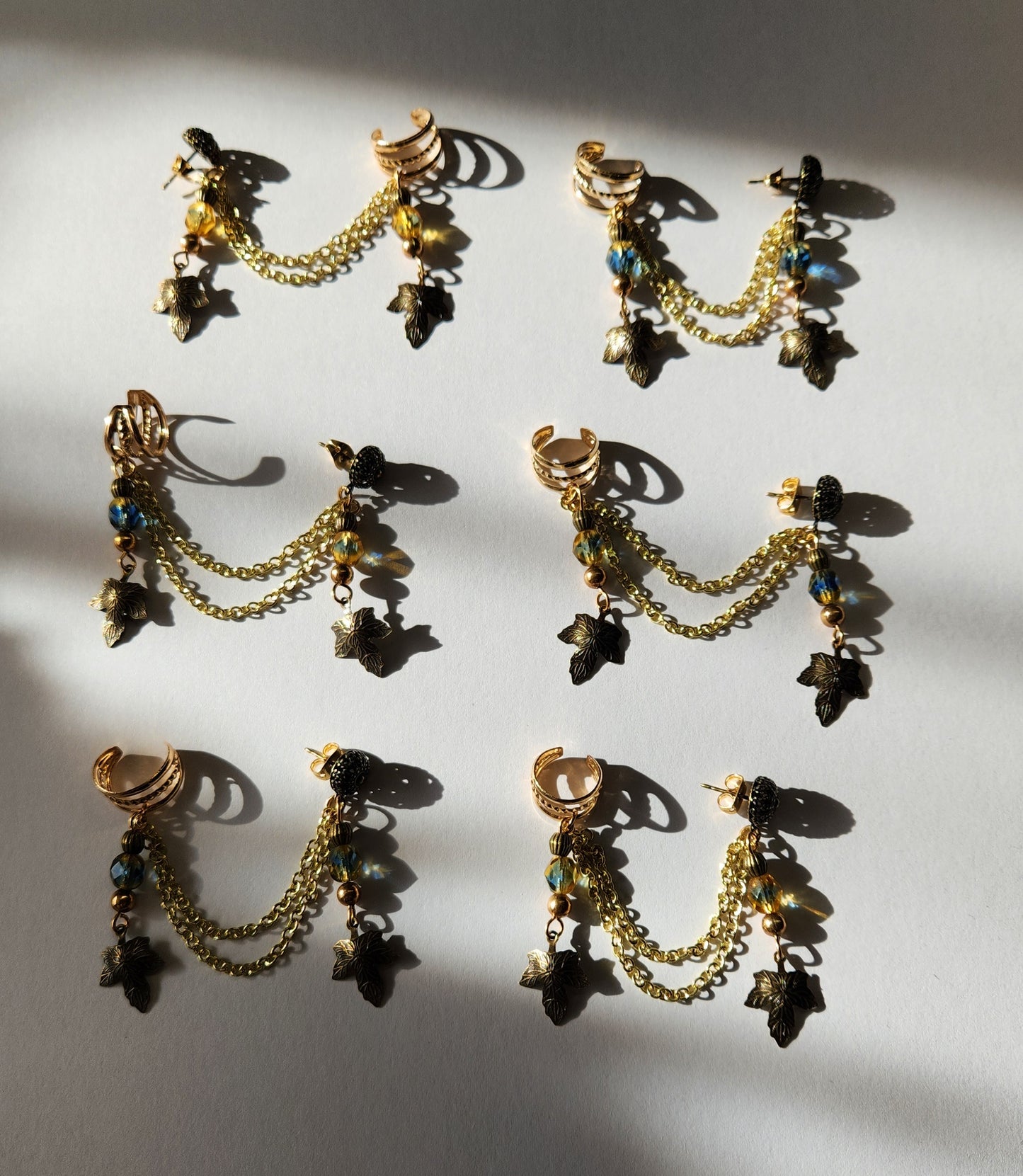 Blue and Gold Leaf Chain Ear Cuff