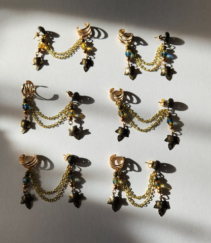 Blue and Gold Leaf Chain Ear Cuff
