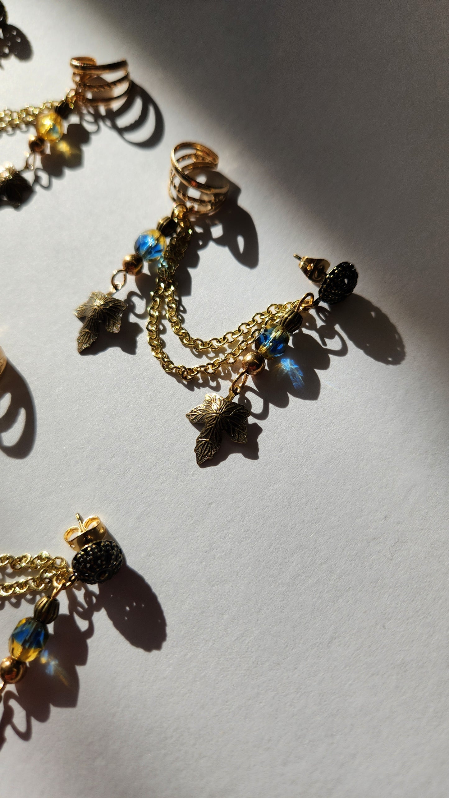 Blue and Gold Leaf Chain Ear Cuff