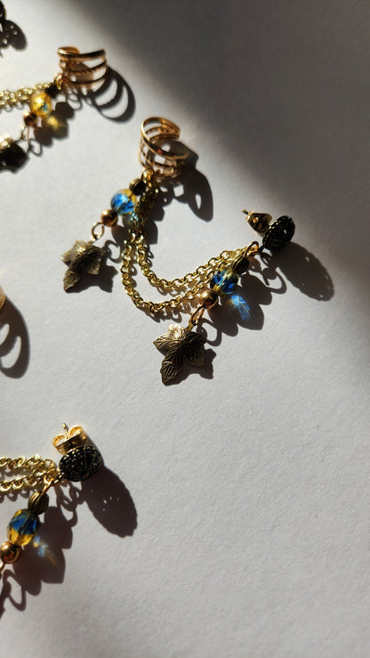 Blue and Gold Leaf Chain Ear Cuff