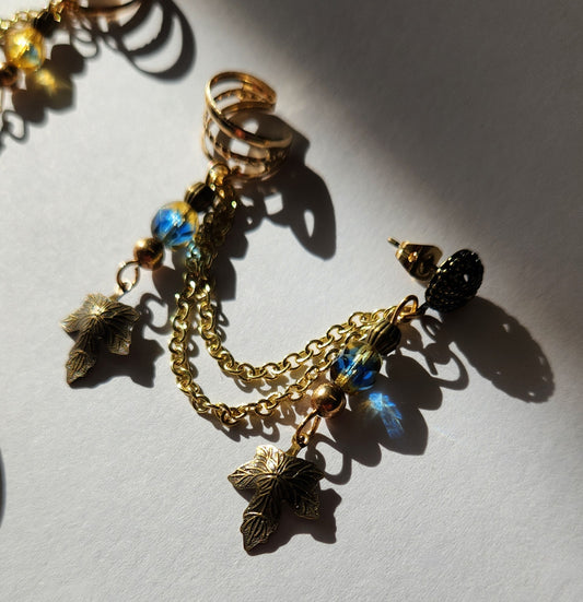 Blue and Gold Leaf Chain Ear Cuff