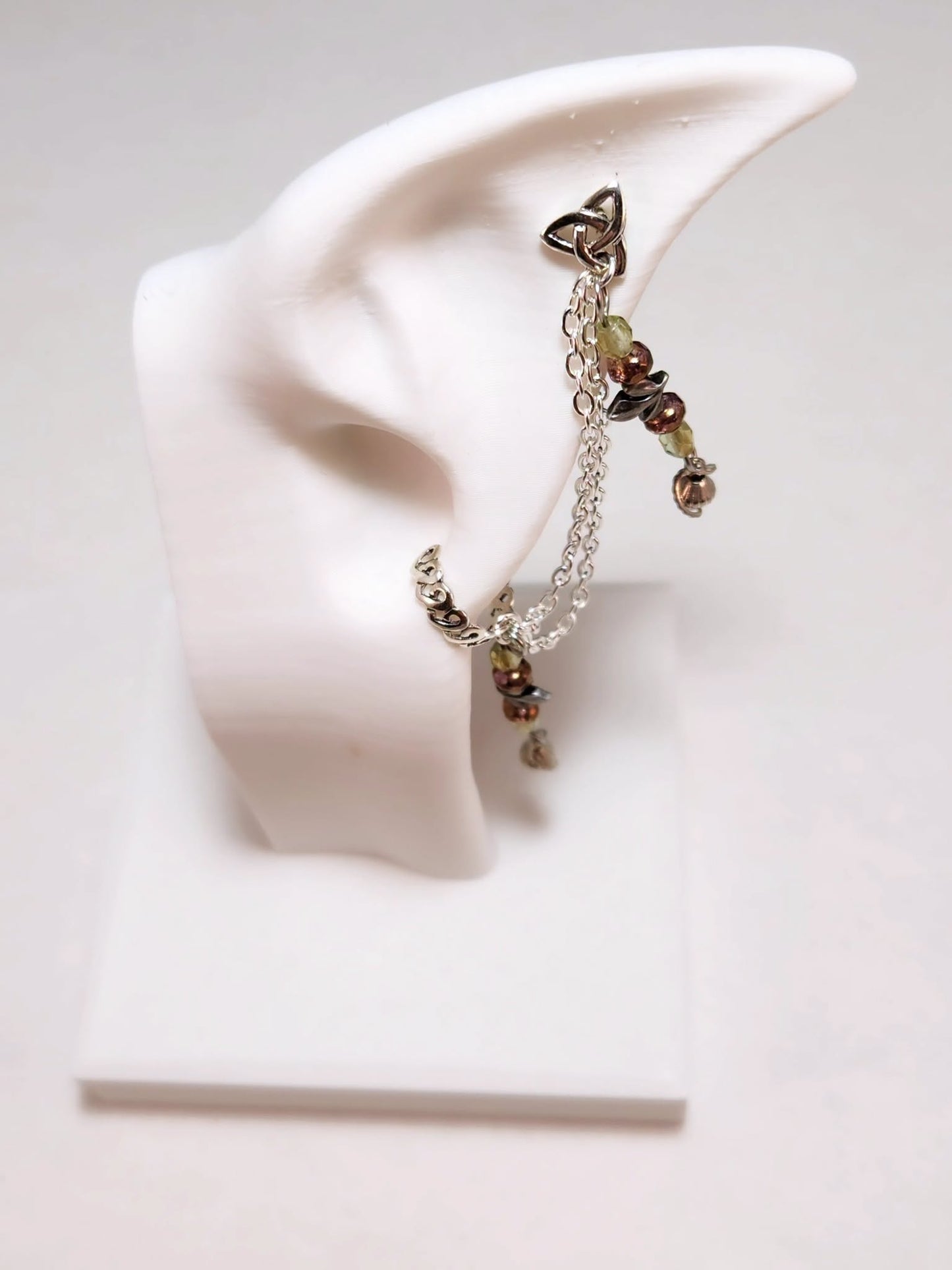 Green and Copper Garden Leaf Chain Ear Cuff