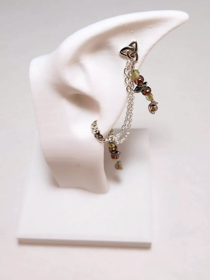 Green and Copper Garden Leaf Chain Ear Cuff