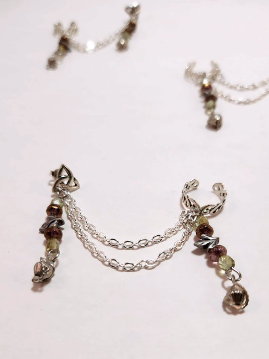 Green and Copper Garden Leaf Chain Ear Cuff