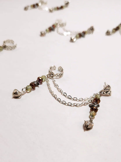 Green and Copper Garden Leaf Chain Ear Cuff