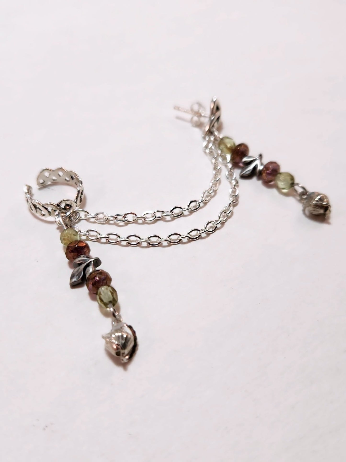Green and Copper Garden Leaf Chain Ear Cuff